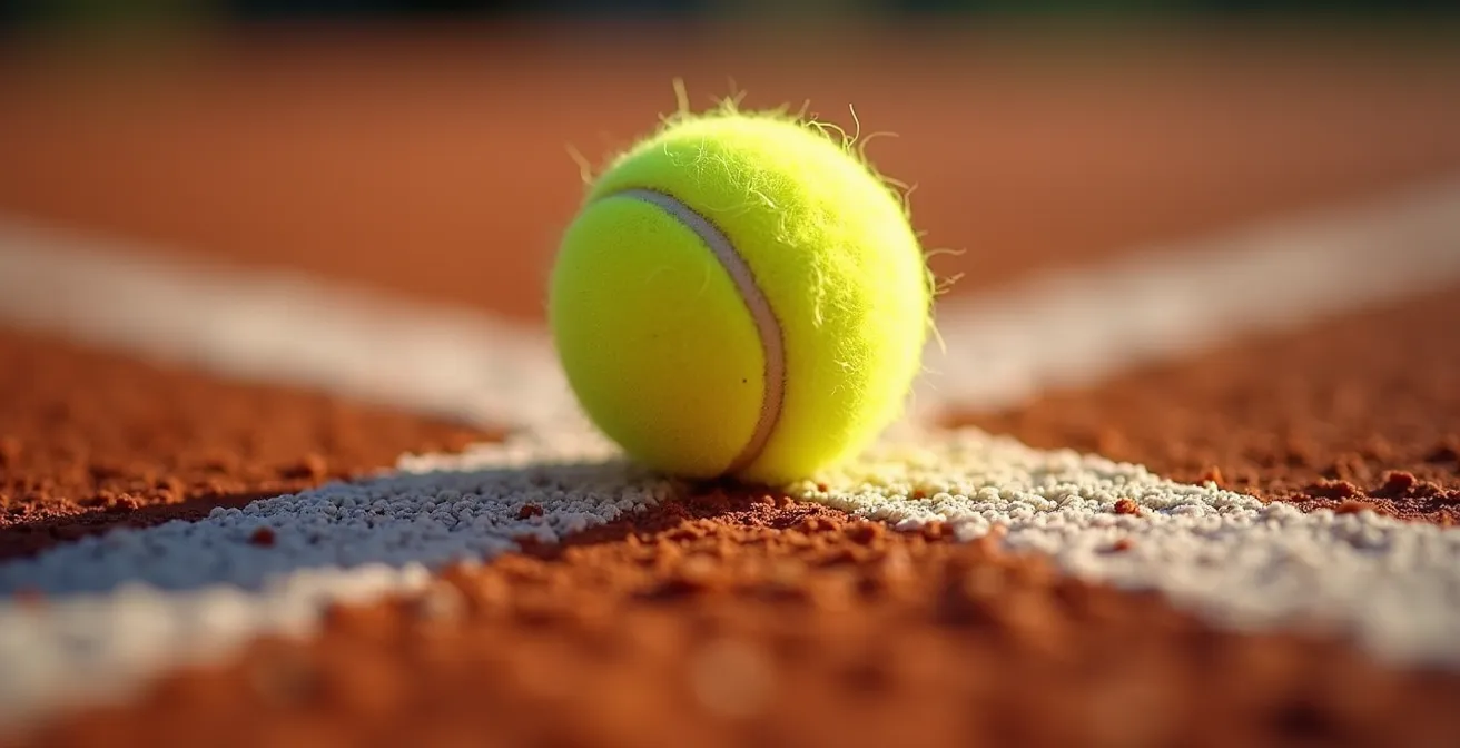Gros plan d'une balle de tennis comprimée touchant légèrement la ligne blanche sur terre battue