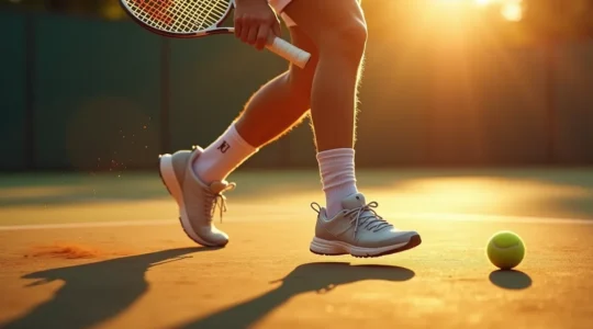 Illustration montrant la biomécanique du tennis avec un joueur frappant une balle, mettant en évidence l'ancrage des pieds, la chaîne cinétique et la rotation du tronc pour une frappe pure