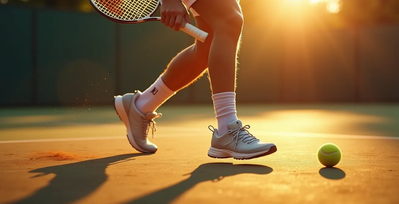 Illustration montrant la biomécanique du tennis avec un joueur frappant une balle, mettant en évidence l'ancrage des pieds, la chaîne cinétique et la rotation du tronc pour une frappe pure