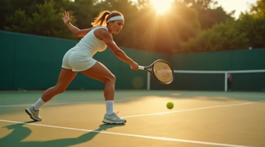 Joueur de tennis en mouvement anticipant la trajectoire de la balle dans un court, illustrant la précision du placement