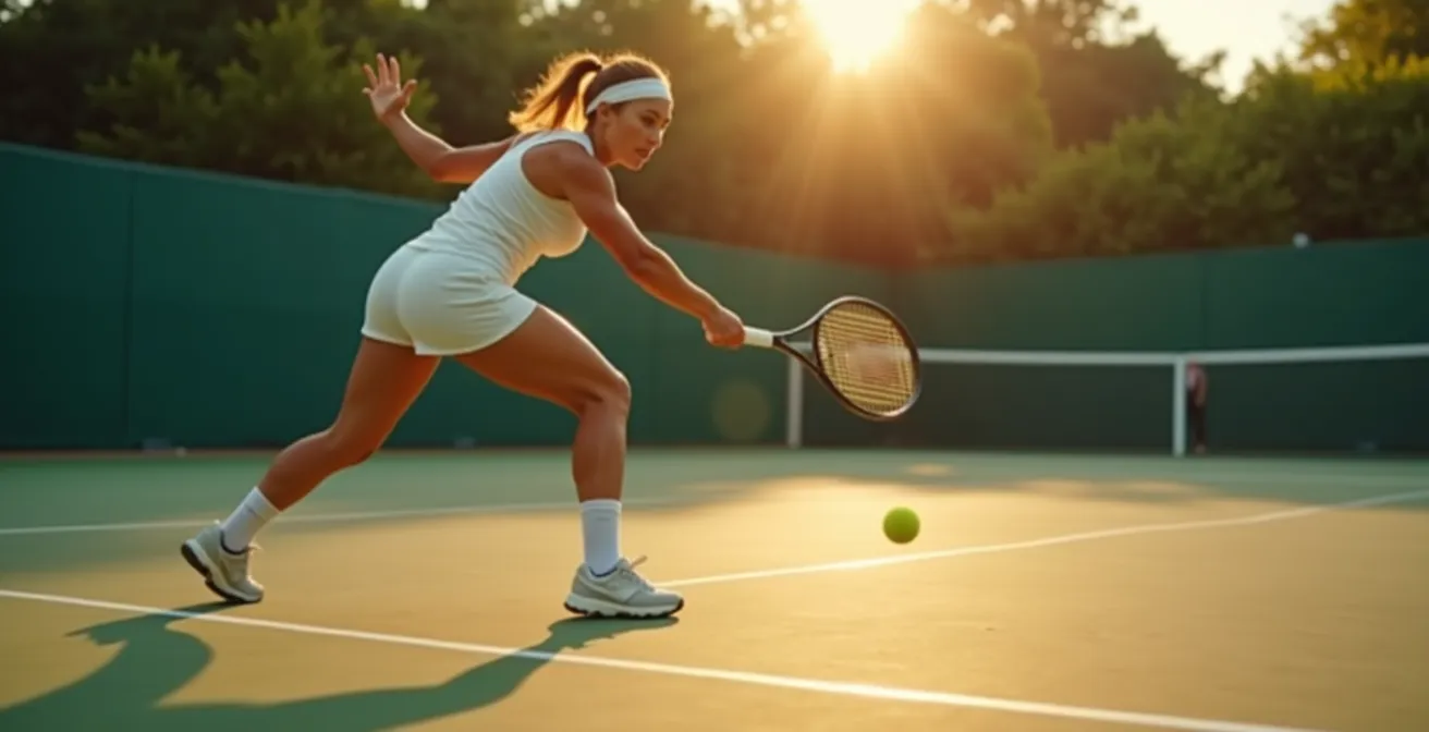 Joueur de tennis en mouvement anticipant la trajectoire de la balle dans un court, illustrant la précision du placement