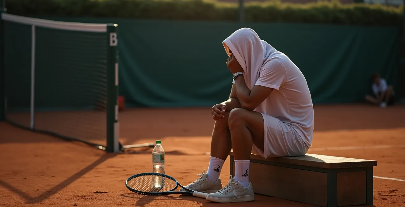 Joueur de tennis utilisant la pause au changement de côté pour se recentrer mentalement