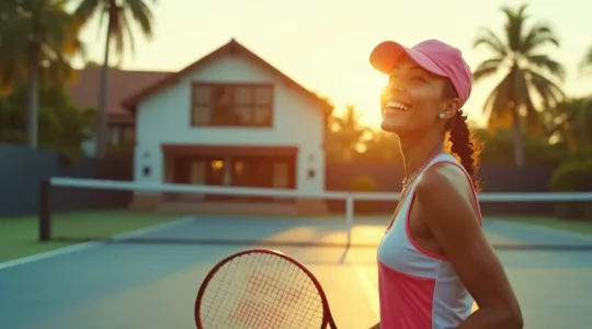 Joueur de tennis souriant sur un court moderne avec un club accueillant en arrière-plan