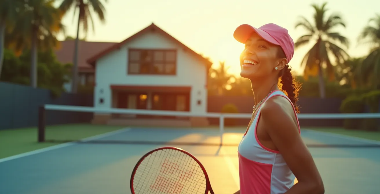 Joueur de tennis souriant sur un court moderne avec un club accueillant en arrière-plan