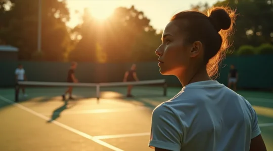 Joueur de tennis en pleine réflexion stratégique sur le court, visualisant un plan pour déjouer son adversaire