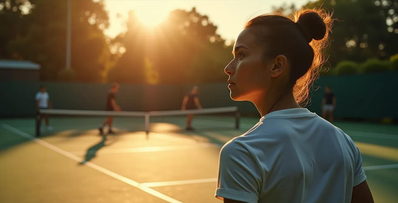 Joueur de tennis en pleine réflexion stratégique sur le court, visualisant un plan pour déjouer son adversaire