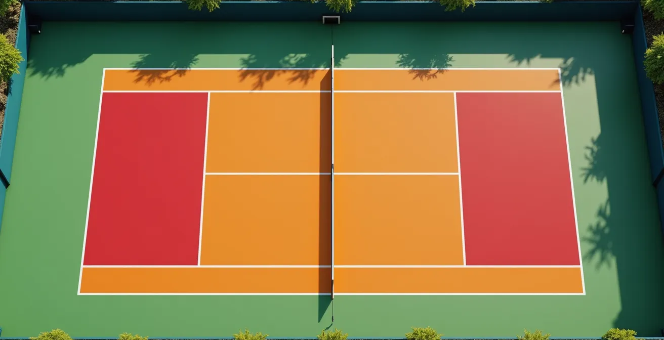 Vue aérienne d’un court de tennis montrant clairement les couloirs avec zones d’attaque en simple et indication visuelle de prise de risque associée