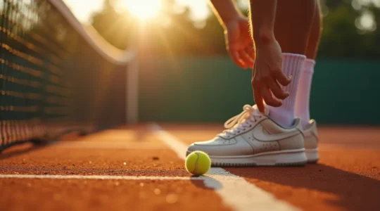 Joueur de tennis sur un court prenant une décision d'arbitrage avec intégrité
