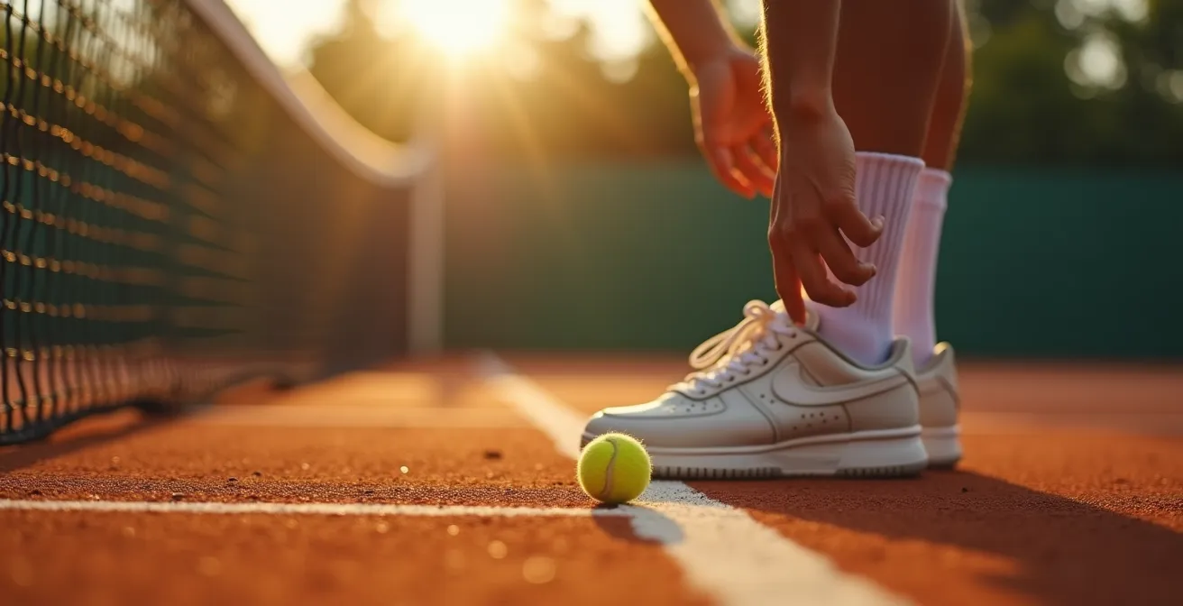 Joueur de tennis sur un court prenant une décision d'arbitrage avec intégrité