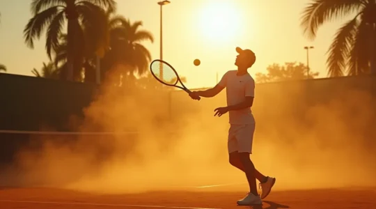Un joueur de tennis concentré jouant face au vent et au soleil éclatant sur un court extérieur.