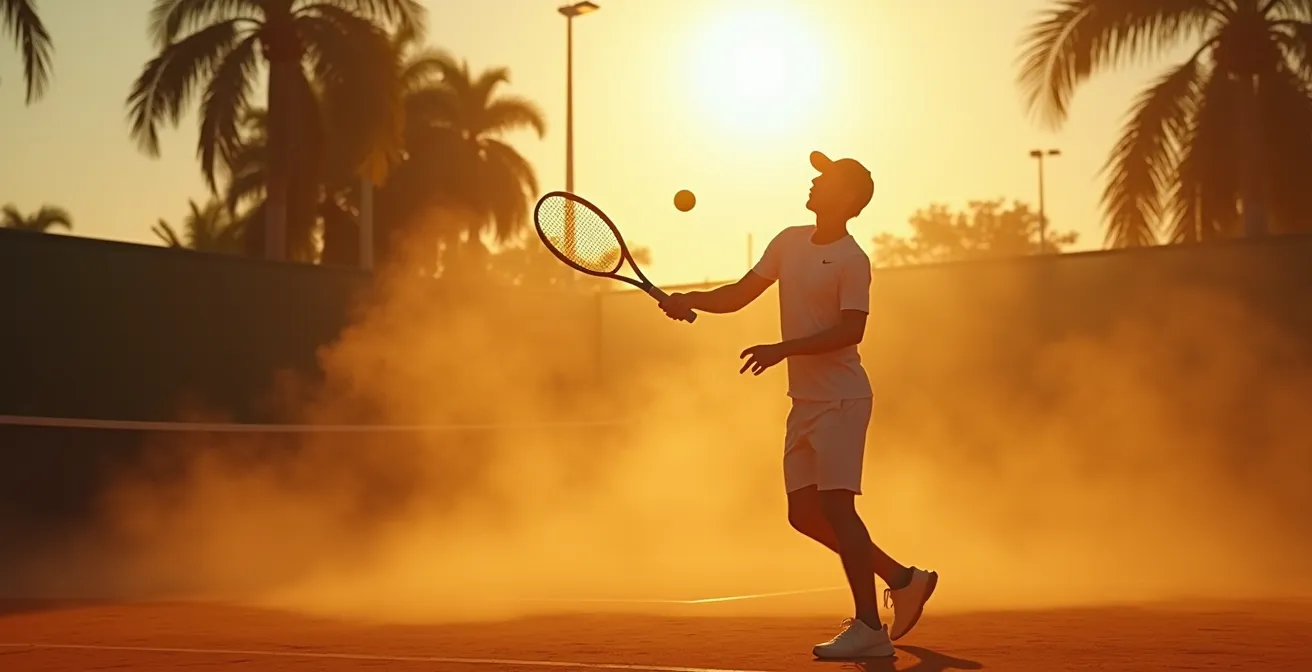 Un joueur de tennis concentré jouant face au vent et au soleil éclatant sur un court extérieur.