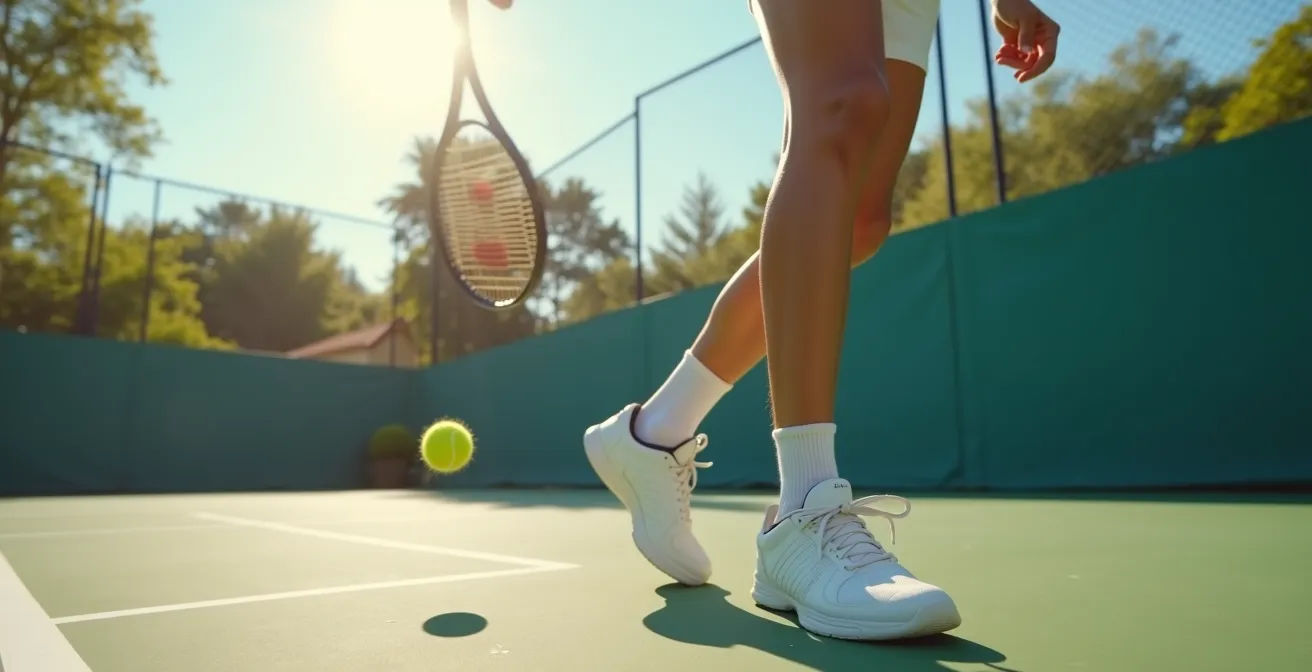 Joueur de tennis en train de réaliser un échauffement dynamique RAMP sur un court extérieur