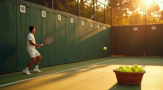 Un joueur de tennis s'entraînant seul en frappant une balle contre un mur avec un panier de balles à côté sur un court ensoleillé