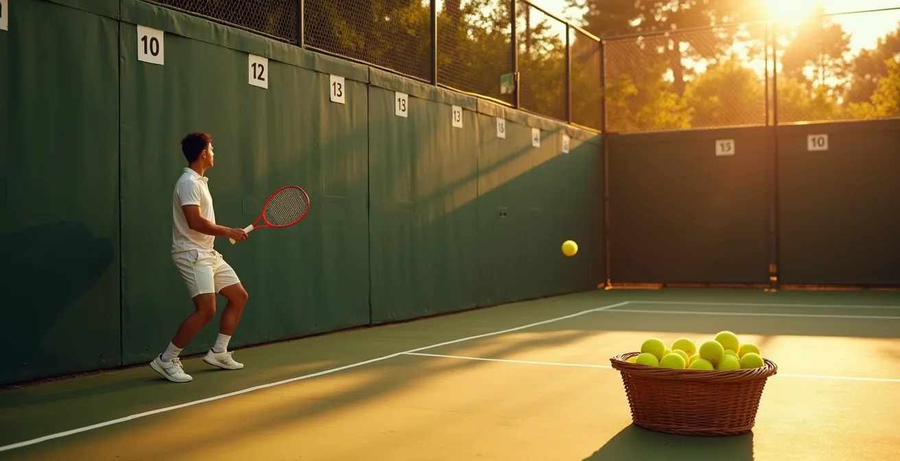 Un joueur de tennis s'entraînant seul en frappant une balle contre un mur avec un panier de balles à côté sur un court ensoleillé