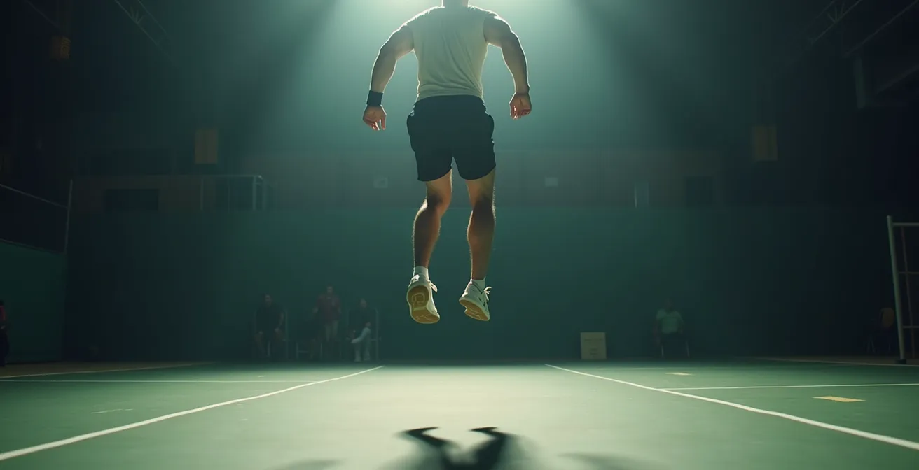 Athlète réalisant un saut pliométrique explosif sur un court de tennis, capturant la puissance et la vitesse