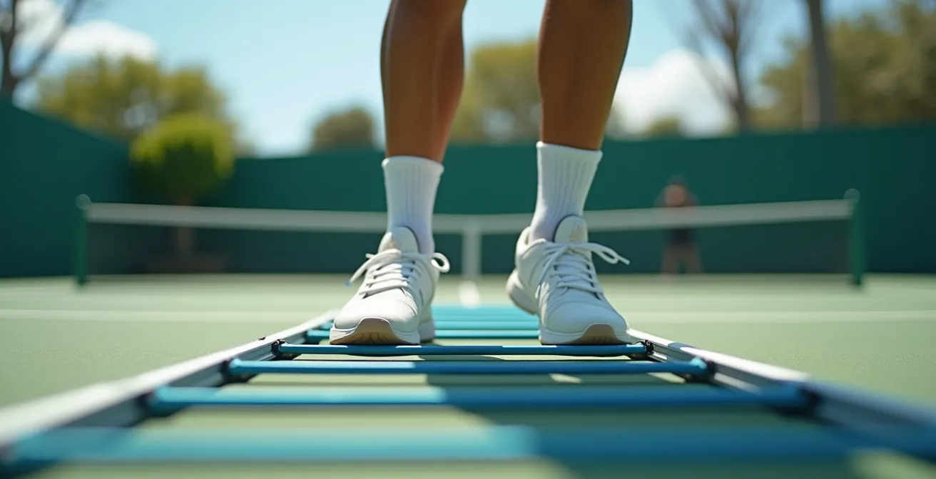 Un joueur de tennis effectuant des exercices rapides avec une échelle d'agilité sur un terrain d'entraînement