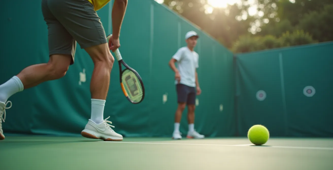 Joueur de tennis effectuant des exercices variés de précision et déplacement au mur de tennis