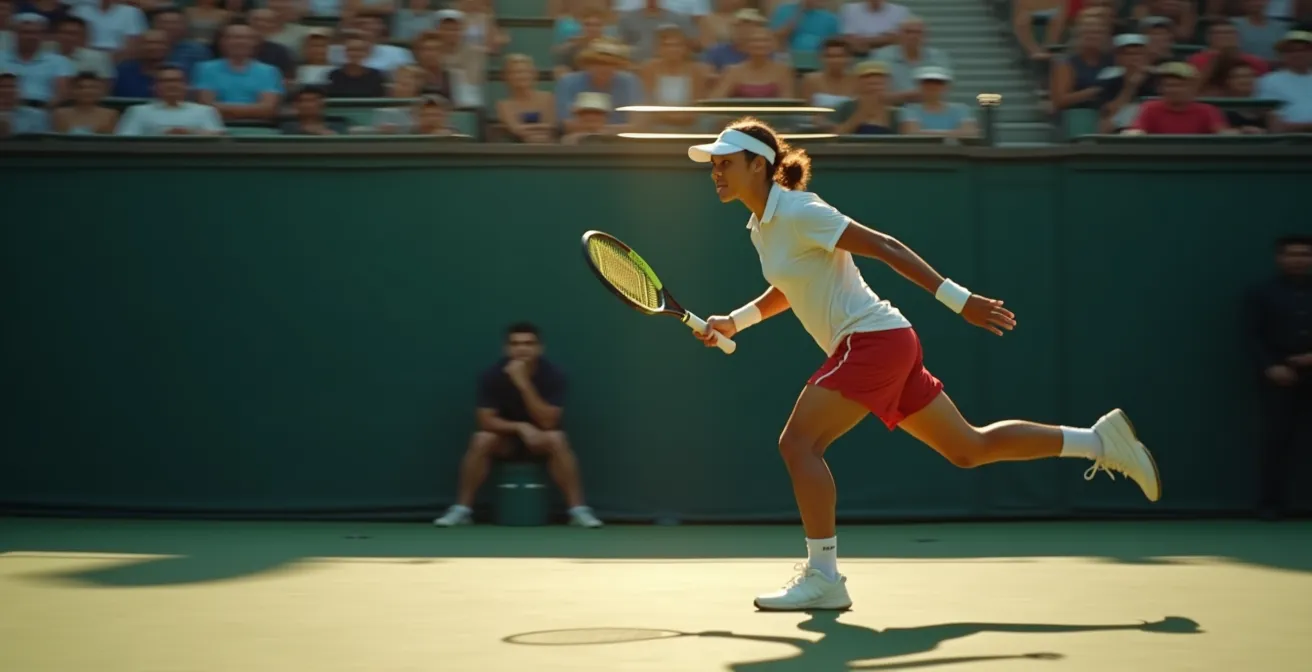 Image dynamique d’un joueur de tennis en pleine exécution d’un split step avec un flou de mouvement