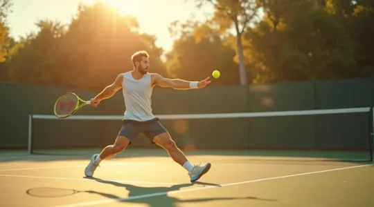 Joueur amateur de tennis réalisant un geste de service avec posture équilibrée et préparation physique adaptée
