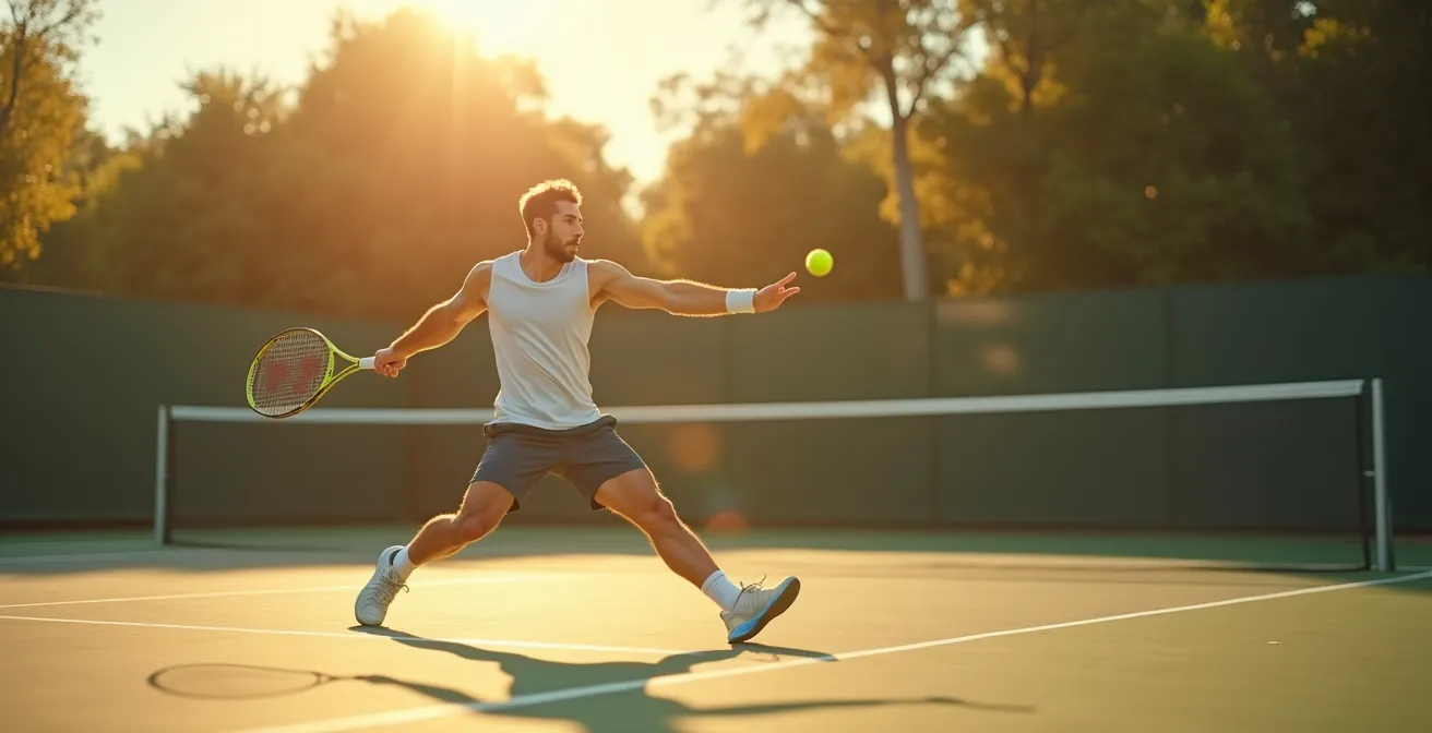 Joueur amateur de tennis réalisant un geste de service avec posture équilibrée et préparation physique adaptée