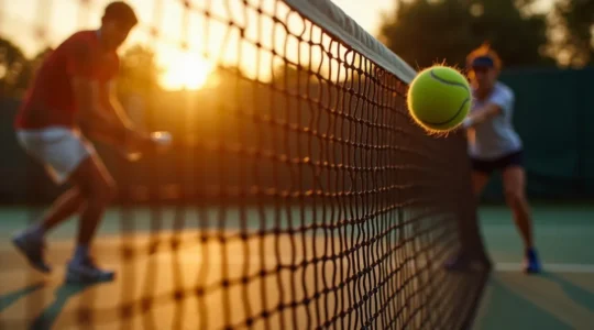 Une vue dynamique d'un joueur de tennis en action au filet, utilisant la position du filet comme guide stratégique pour construire un point.