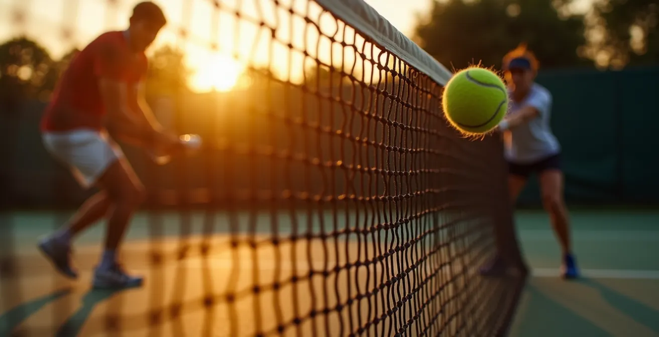 Une vue dynamique d'un joueur de tennis en action au filet, utilisant la position du filet comme guide stratégique pour construire un point.