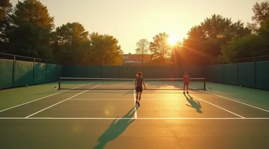 Vue large d'un court de tennis avec des lignes mises en évidence et des joueurs en action pour illustrer la lecture stratégique du terrain