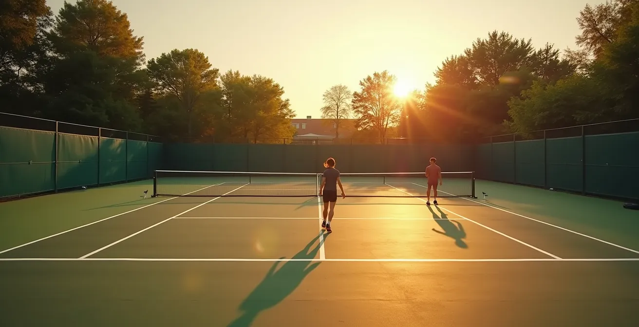 Vue large d'un court de tennis avec des lignes mises en évidence et des joueurs en action pour illustrer la lecture stratégique du terrain