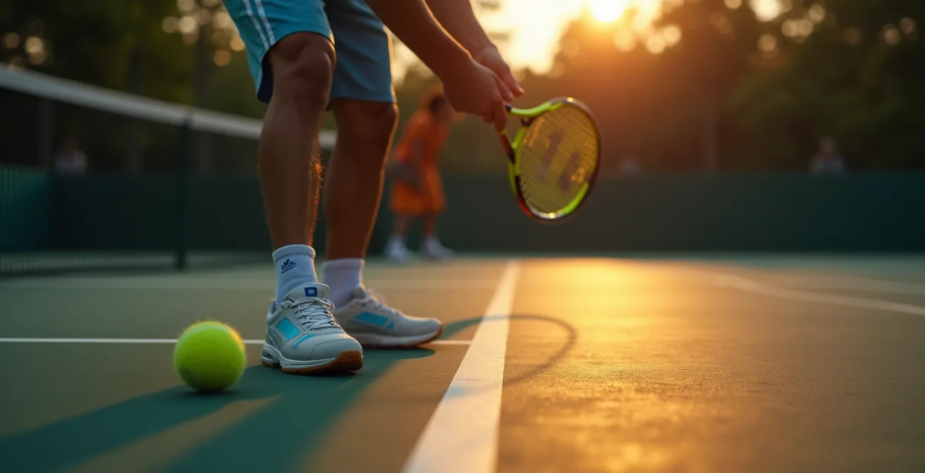 Court de tennis avec mise en lumière de la ligne de service et illustration des zones tactiques environnantes, avec un joueur en position de service