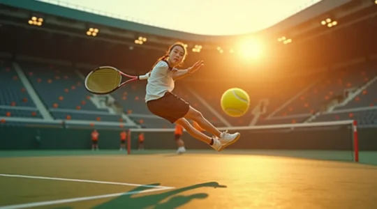 Joueur de tennis effectuant un volley avec des trajectoires de balle illustrant l'effet Magnus et la physique du spin