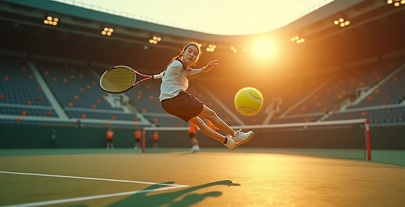 Joueur de tennis effectuant un volley avec des trajectoires de balle illustrant l'effet Magnus et la physique du spin