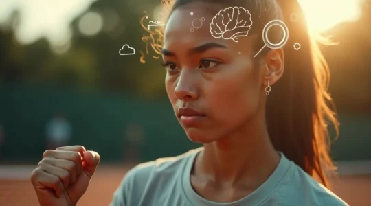 Un joueur de tennis concentré sur le court, avec un arrière-plan symbolisant la force mentale et la préparation quotidienne