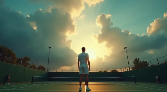 Un joueur de tennis observant un ciel nuageux et changeant avant un match sur un court extérieur, symbolisant l'importance de la météo dans le tennis