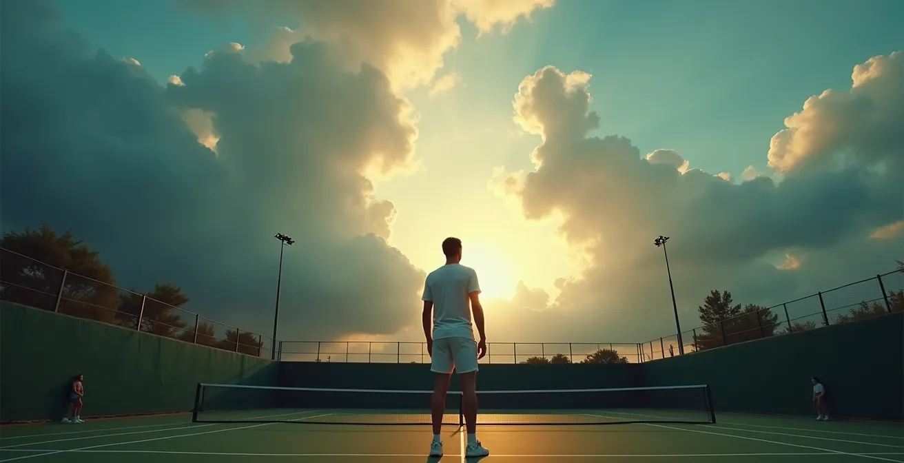 Un joueur de tennis observant un ciel nuageux et changeant avant un match sur un court extérieur, symbolisant l'importance de la météo dans le tennis
