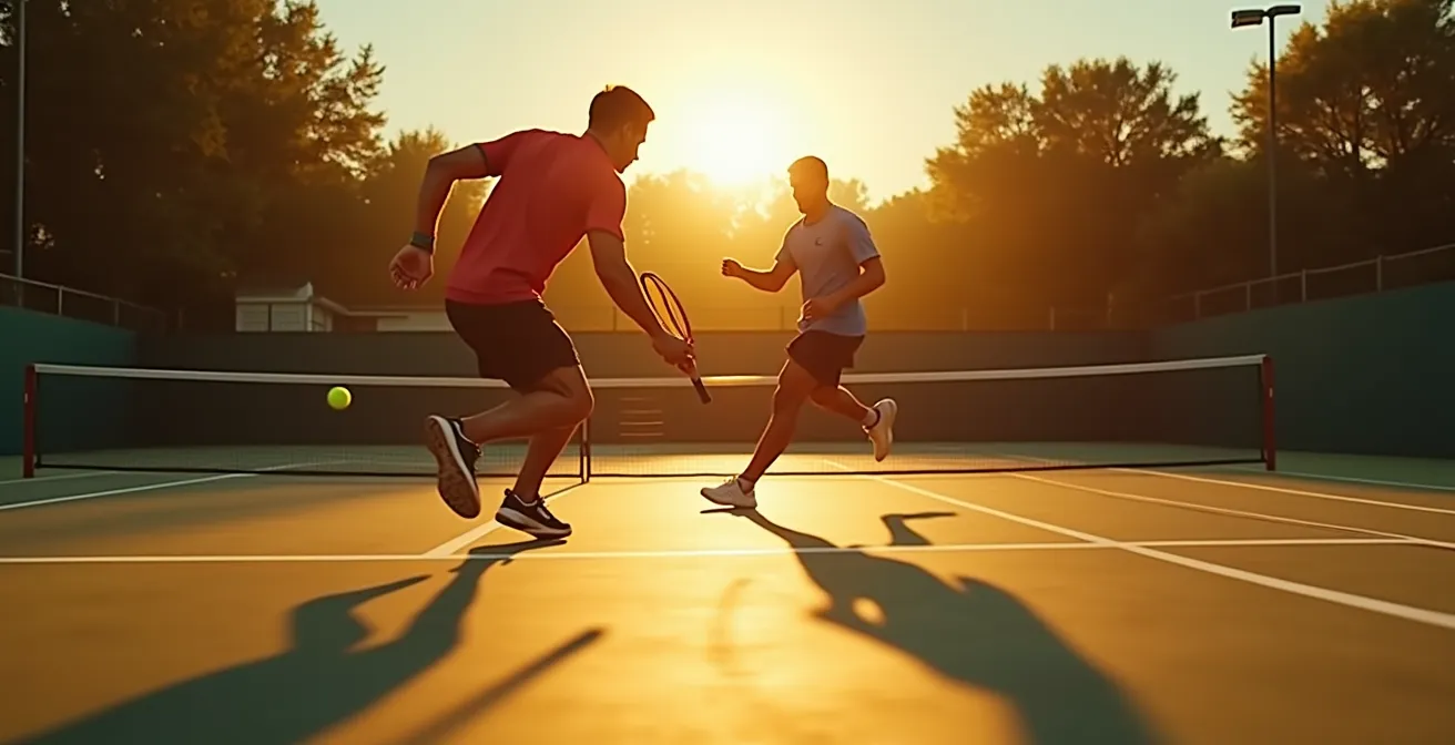 Un joueur de tennis effectuant une montée au filet stratégique après un service, sous un éclairage de fin d'après-midi.