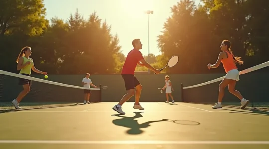 Une vue dynamique de joueurs en action dans les quatre sports de raquette : tennis, padel, squash et badminton, illustrant leurs interactions et différences.