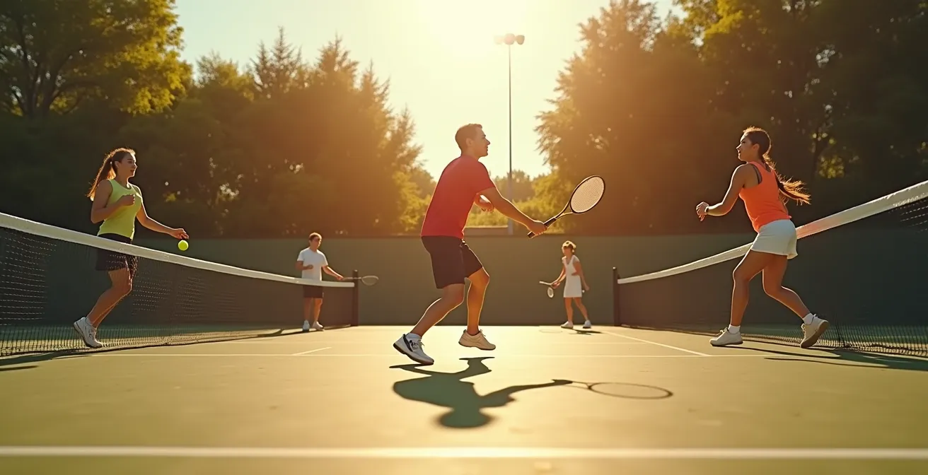 Une vue dynamique de joueurs en action dans les quatre sports de raquette : tennis, padel, squash et badminton, illustrant leurs interactions et différences.