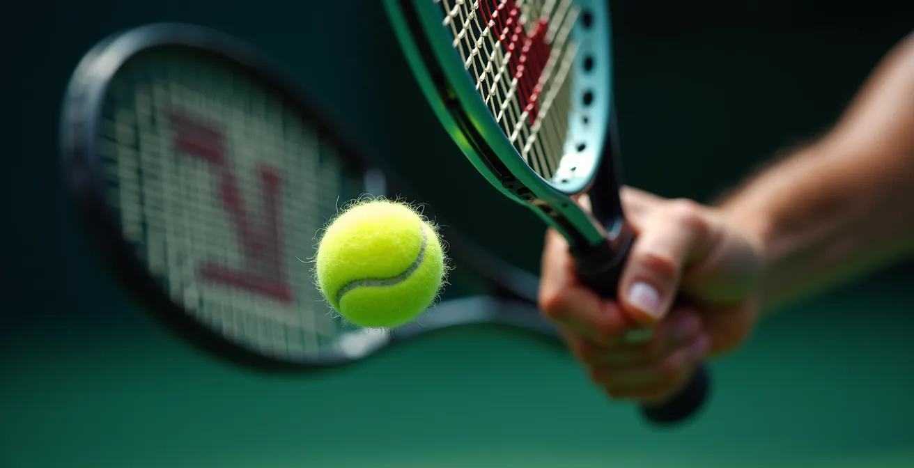 Photo hyper-détaillée montrant un joueur effectuant un passing croisé court au tennis, avec focus sur le poignet et l'angle de la raquette en contact avec la balle