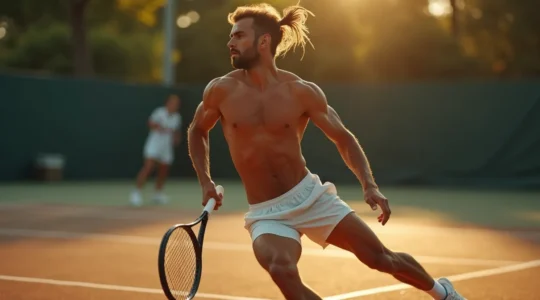 Un joueur de tennis athlétique en pleine action sur un court, montrant puissance et concentration
