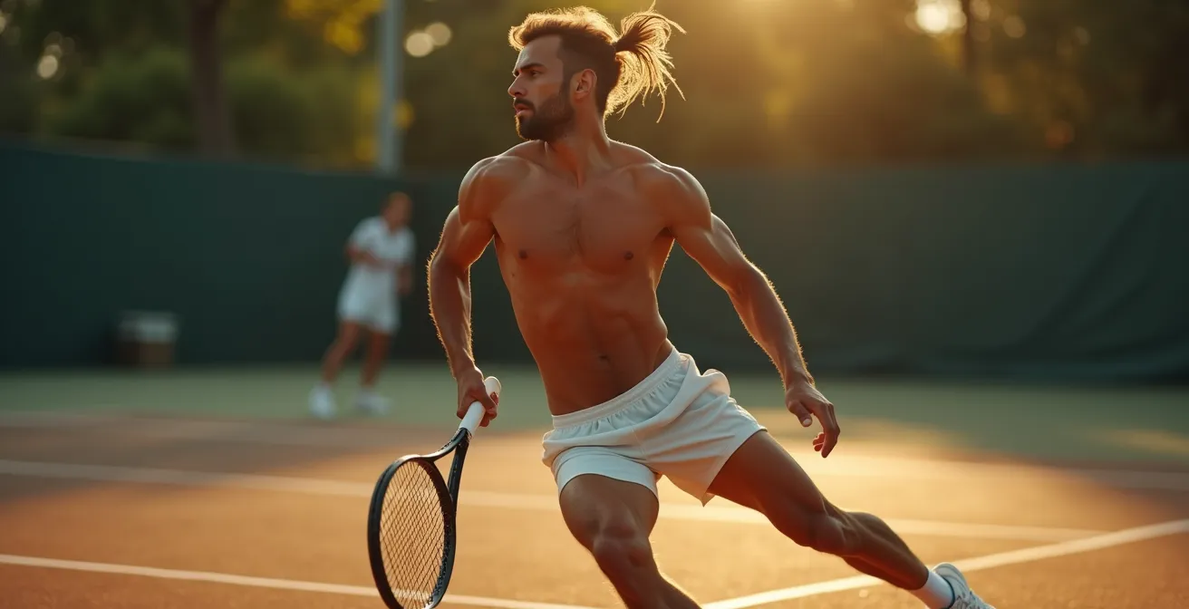 Un joueur de tennis athlétique en pleine action sur un court, montrant puissance et concentration