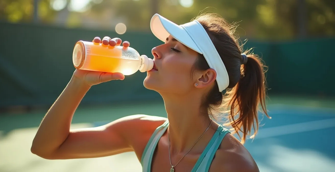Joueur de tennis s'hydratant avec une bouteille d'eau et serviettes froides posées à côté d'un court de tennis en plein soleil.