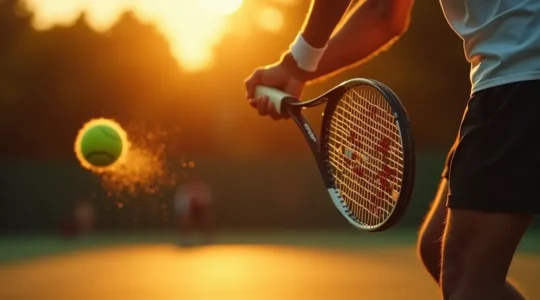 Joueur de tennis exécutant un coup droit avec relâchement et concentration