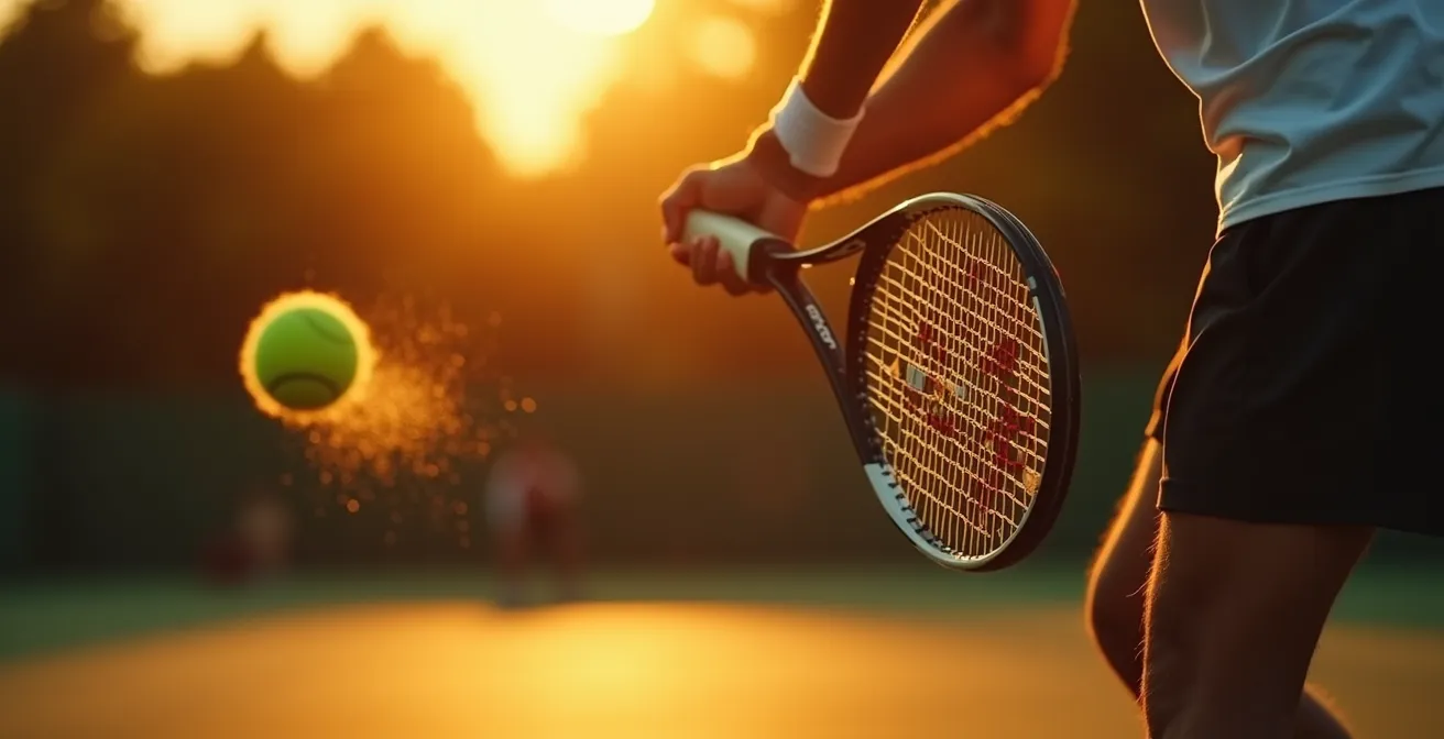 Joueur de tennis exécutant un coup droit avec relâchement et concentration