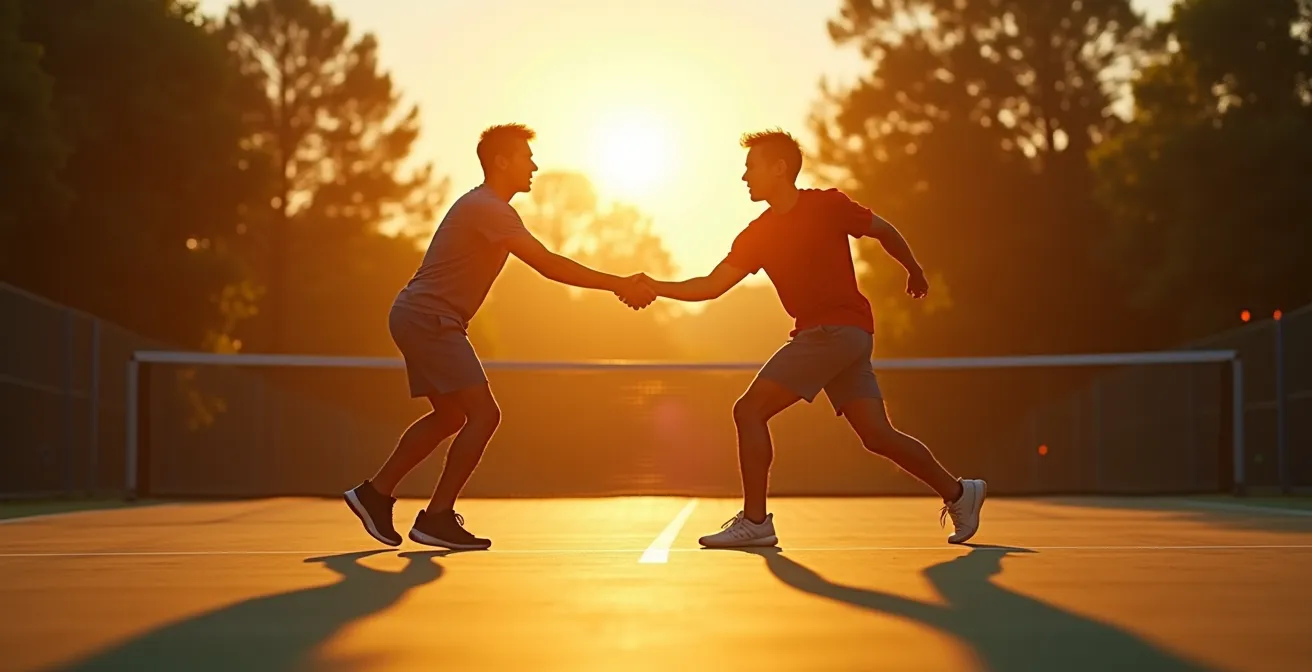 Joueurs de tennis échangeant des balles sur un court extérieur sous une lumière dorée