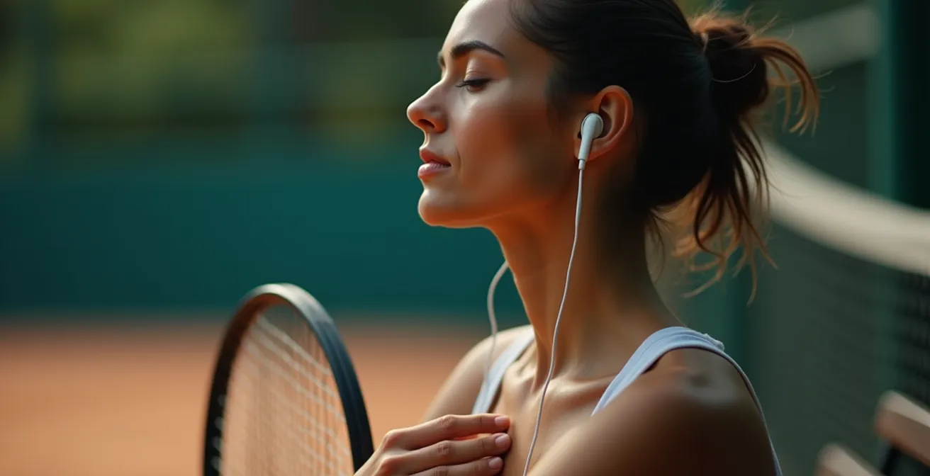 Joueur de tennis effectuant son rituel de visualisation et de respiration avant un match