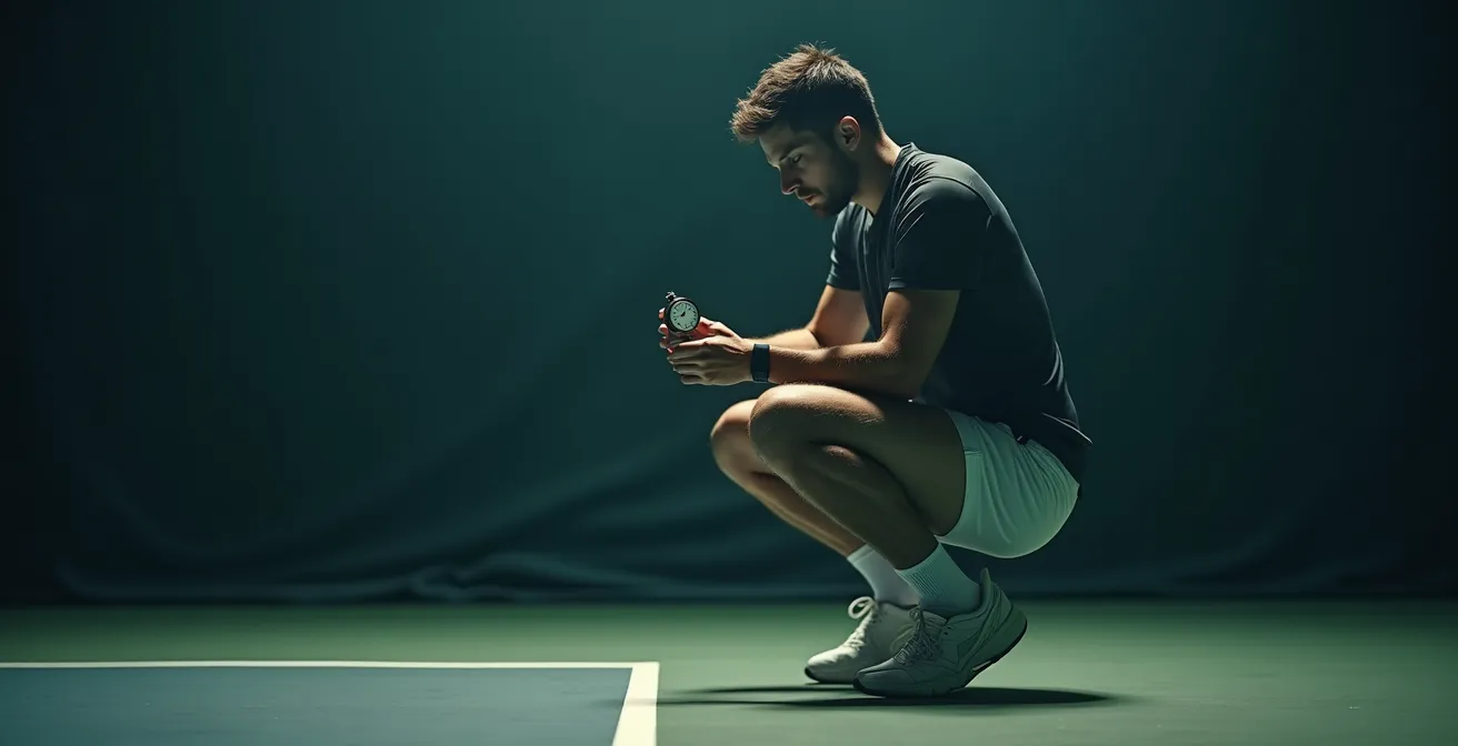 Tennis player training intensely alone on court with stopwatch and physical timer showing high intensity