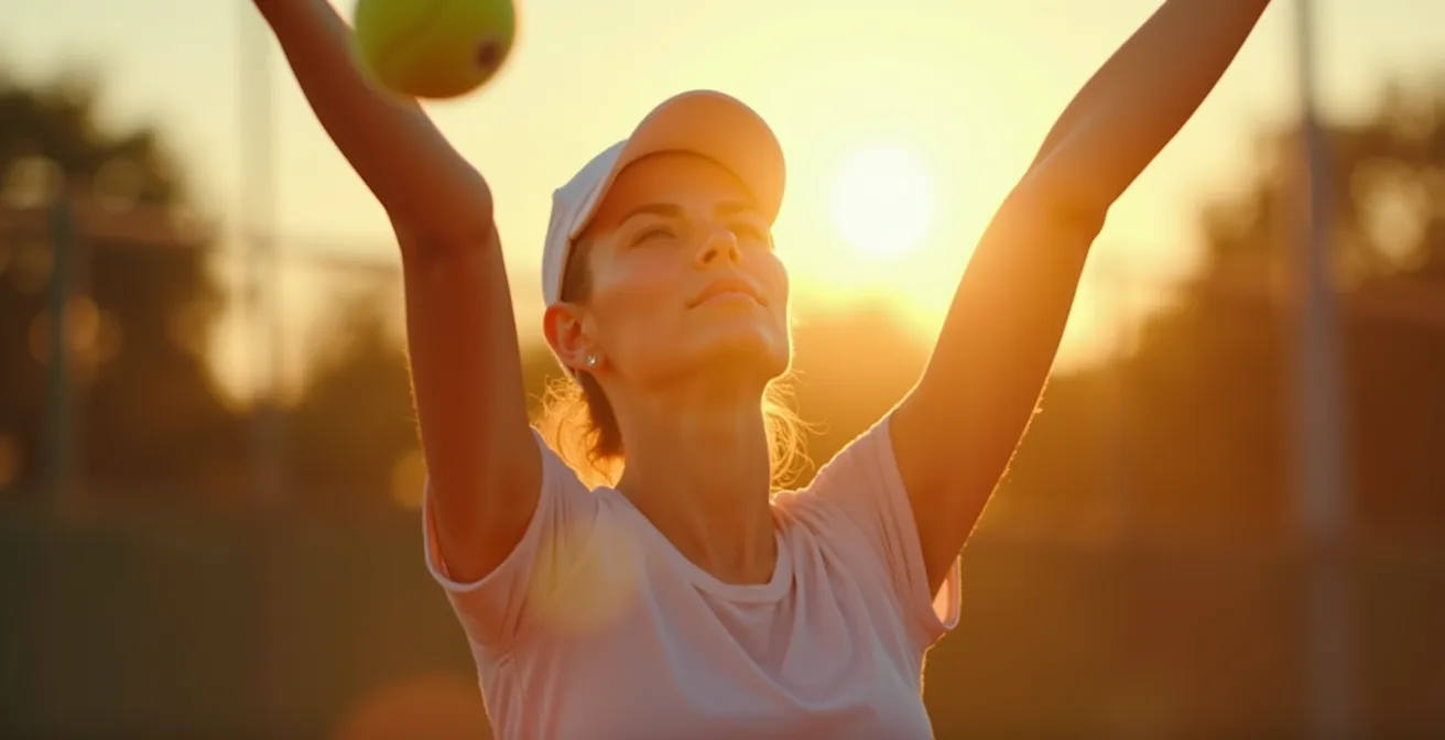 Joueur de tennis levant les yeux vers un soleil éclatant, tenant une balle prête à servir avec un ciel lumineux en arrière-plan.