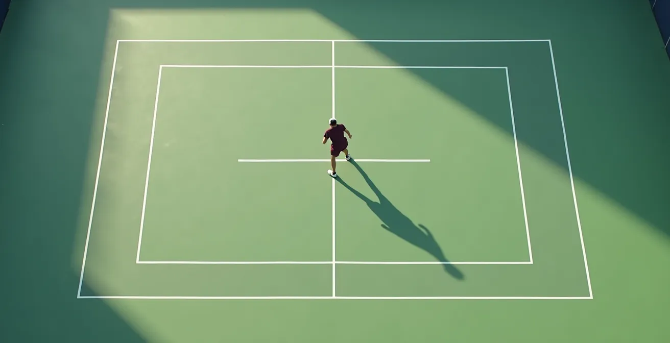 Illustration géométrique symbolisant la bissectrice sur un terrain de tennis avec un joueur positionné optimalement