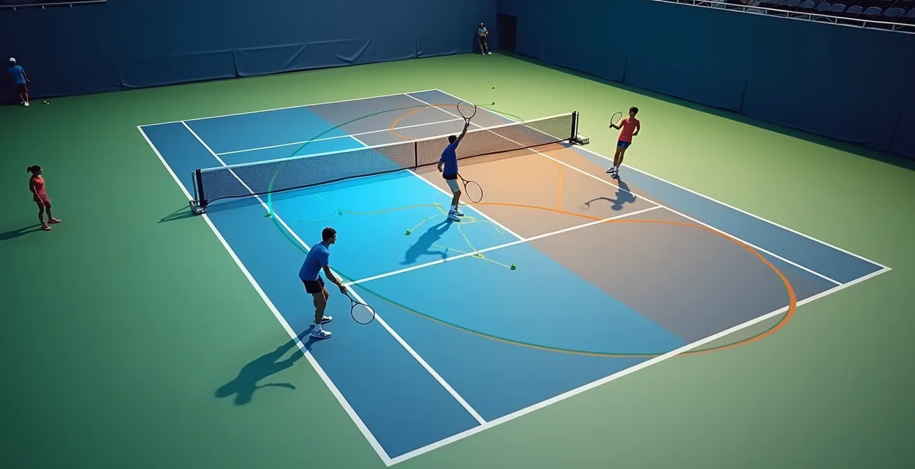 Diagramme illustrant la théorie de la bissectrice pour le positionnement optimal sur un court de tennis