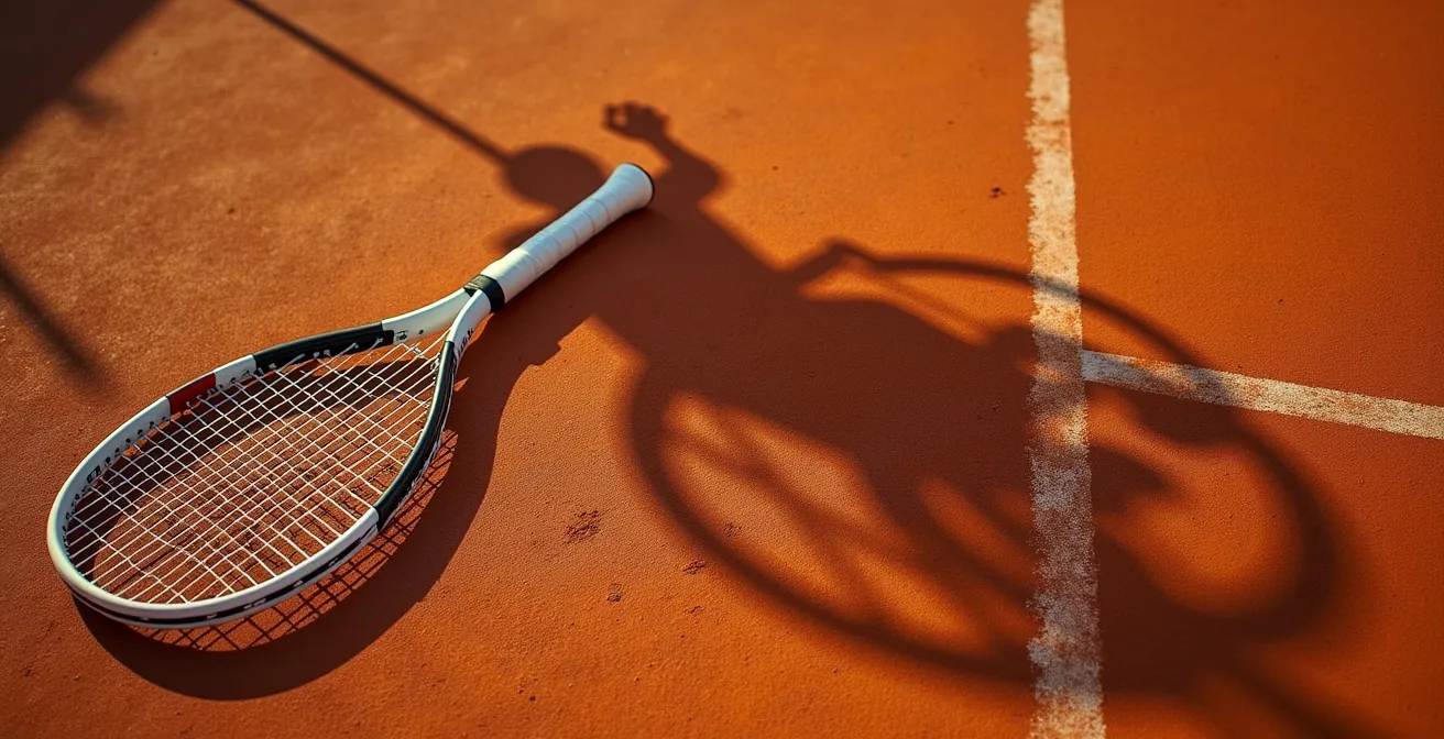 Vue symbolique d'une raquette de tennis posée sur la terre battue avec l'ombre d'un fauteuil roulant